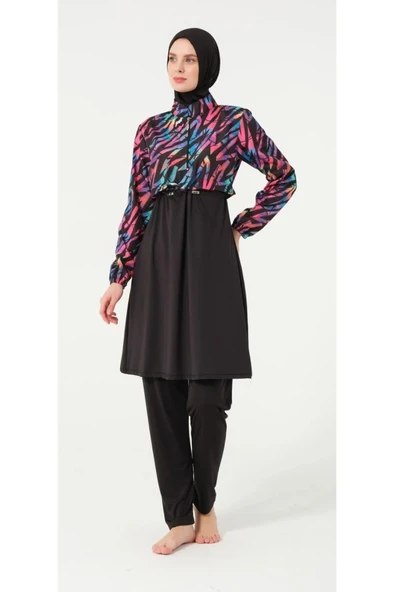 Tesmay 21109 Siyah Dijital Desenli Lycralı Tesettür Mayo - Resim 6
