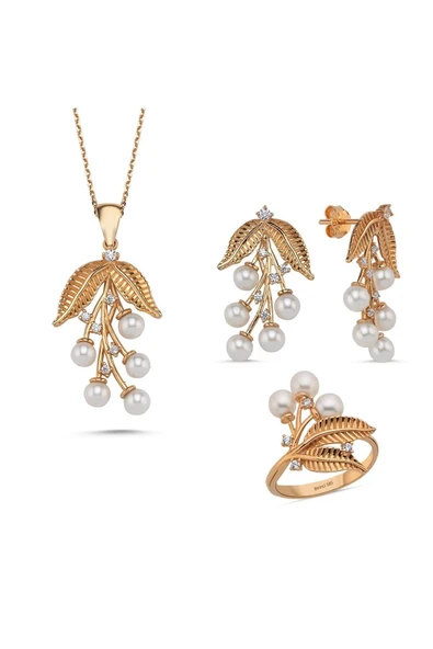 4,5 mm Zeytin Dalı Doğal İncili Küpe Kolye Yüzük Üçlü Set - 6