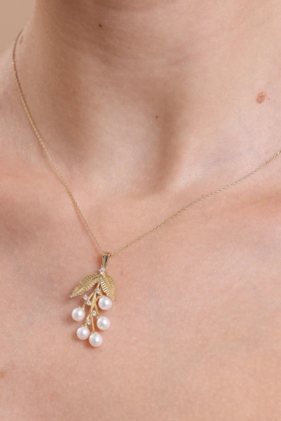 4,5 mm Zeytin Dalı Doğal İncili Kolye Yüzük İkili Set - 2