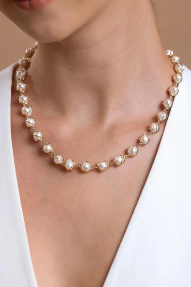 8,5 mm Kafes Doğal İncili Küpe Kolye Bileklik Yüzük Dörtlü Set - 2