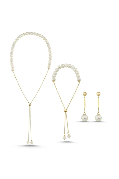 7,5 mm Asansör Zincirli Doğal İnci Küpe Kolye Bileklik Üçlü Set - 4