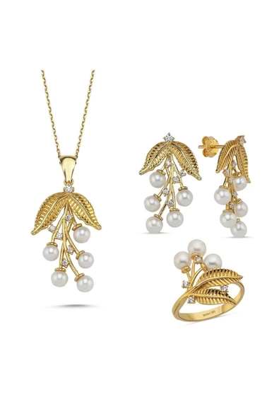 4,5 mm Zeytin Dalı Doğal İncili Kolye Yüzük İkili Set - 7