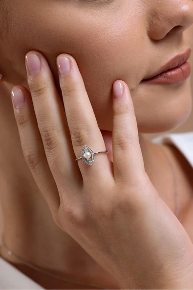 Göz Tek Doğal İncili 0,60 Karat Pırlanta Küpe Kolye Yüzük Üçlü Set - Resim 6