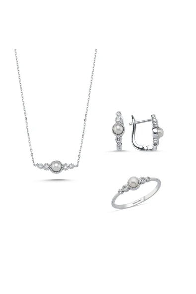 Çıtır Doğal İncili 0,45 Karat Pırlanta Küpe Kolye Yüzük Üçlü Set - Resim 5