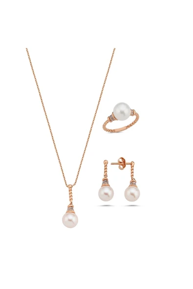 8,5 mm Burgulu Zirkon Taşlı Doğal İnci Küpe Kolye Yüzük Üçlü Set - 8