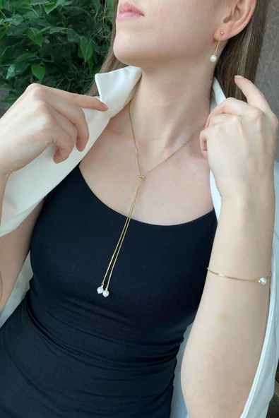 7,5 mm Asansörlü Doğal İnci Küpe Kolye Bileklik Üçlü Set - 2