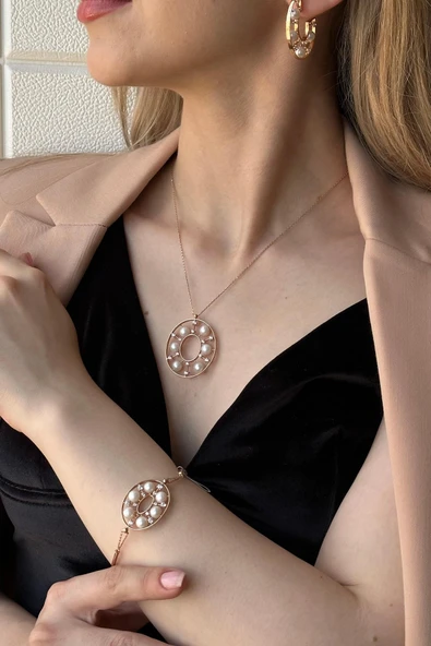 6,5 mm Tasarımlı Doğal İnci Küpe Kolye Bileklik Üçlü Set - 2