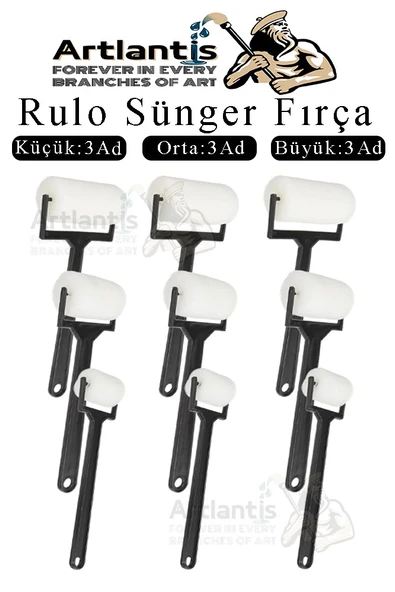 Sünger Rulo Fırça 9 lu 1 Paket Siyah Plastik Saplı Boyama Süngeri Sanatsal Sünger Boya Fırçası Parmak Guaj Akrilik Boya