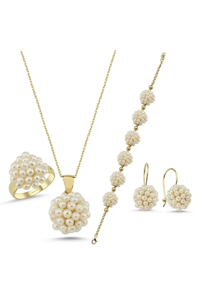 3,5 mm Prenses Model Doğal İnci Küpe Kolye Bileklik Yüzük Dörtlü Set