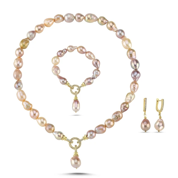 10,5 mm Halka Kilitli Multicolor Doğal Barok İnci Küpe Kolye Bileklik Üçlü Set - 6