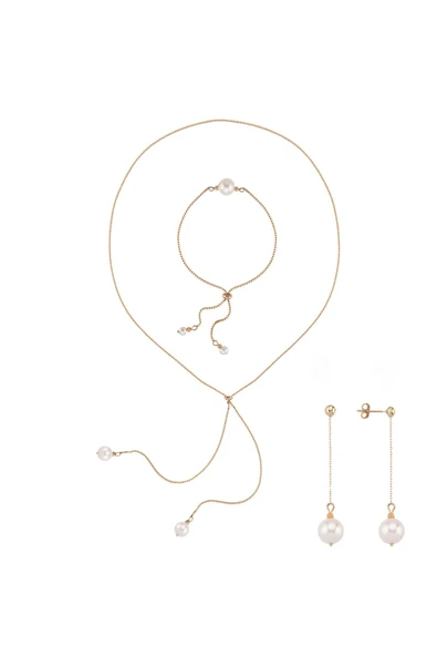 7,5 mm Asansörlü Doğal İnci Küpe Kolye Bileklik Üçlü Set - 4