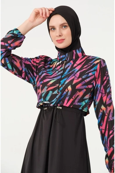 Tesmay 21109 Siyah Dijital Desenli Lycralı Tesettür Mayo - Resim 2