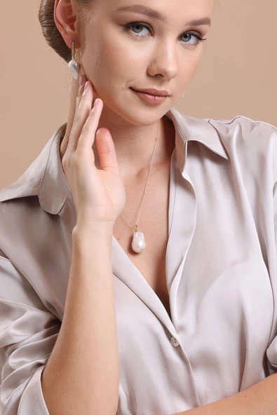 12,5 mm Barok Doğal İnci Küpe Kolye İkili Set - 4