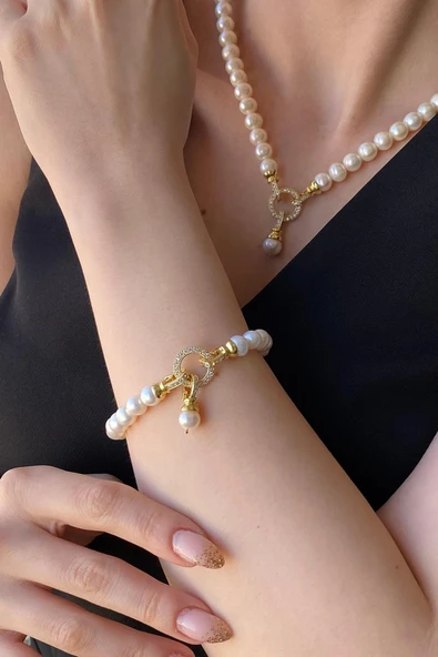 Halka Kilitli Doğal İnci Küpe Kolye Bileklik Üçlü Set ürün görseli 1