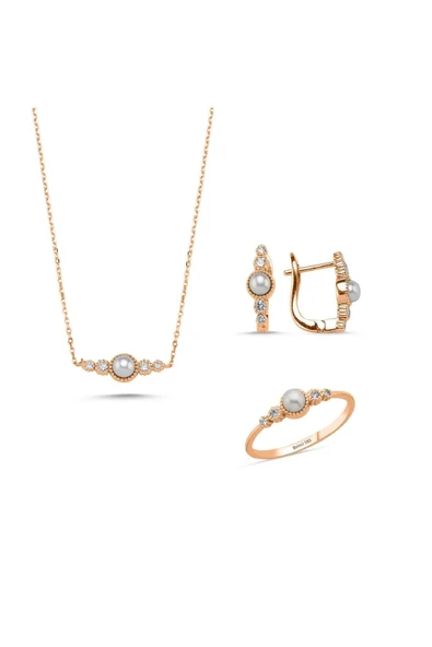 Çıtır Doğal İncili 0,45 Karat Pırlanta Küpe Kolye Yüzük Üçlü Set - Resim 2