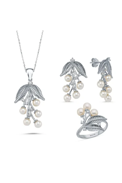 4,5 mm Zeytin Dalı Doğal İncili Küpe Kolye Yüzük Üçlü Set - 10