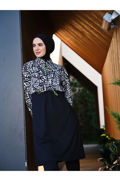 Tesmay 21108 Siyah Dijital Desenli Lycralı Tesettür Mayo - Resim 4