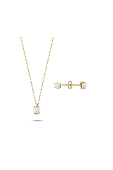 3,5 mm İncili Küpe Kolye İkili Set - 6