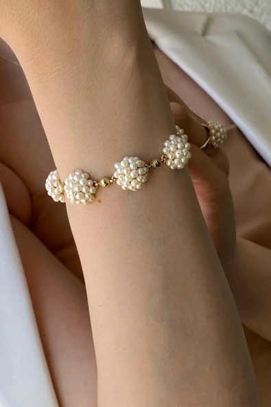 3,5 mm Prenses Model Doğal İnci Küpe Kolye Bileklik Yüzük Dörtlü Set - 3