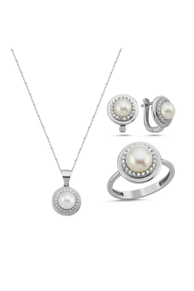 6,5 mm Doğal İnci Küpe Kolye Yüzük Üçlü Set - 8