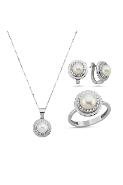 6,5 mm Doğal İnci Küpe Kolye Yüzük Üçlü Set - 5