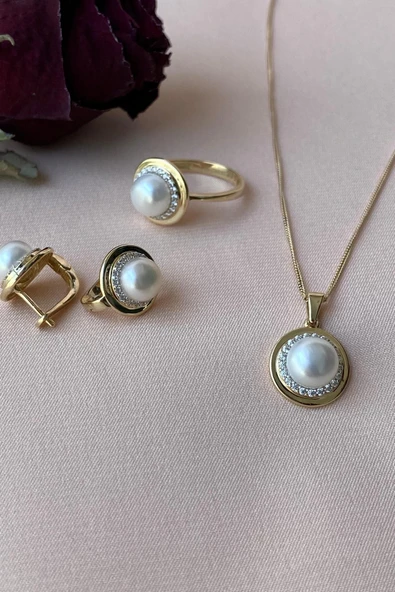 6,5 mm Doğal İnci Küpe Kolye Yüzük Üçlü Set - 2