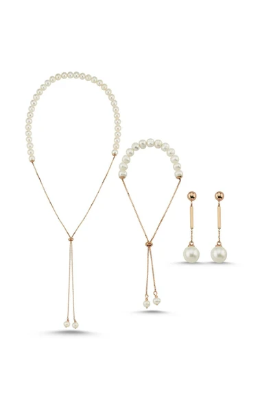 7,5 mm Asansör Zincirli Doğal İnci Küpe Kolye Bileklik Üçlü Set - 5