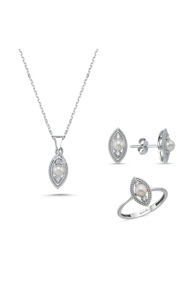 Göz Tek Doğal İncili 0,60 Karat Pırlanta Küpe Kolye Yüzük Üçlü Set - Resim 7