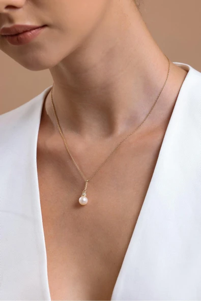 8,5 mm Burgulu Zirkon Taşlı Doğal İnci Küpe Kolye Yüzük Üçlü Set - 3