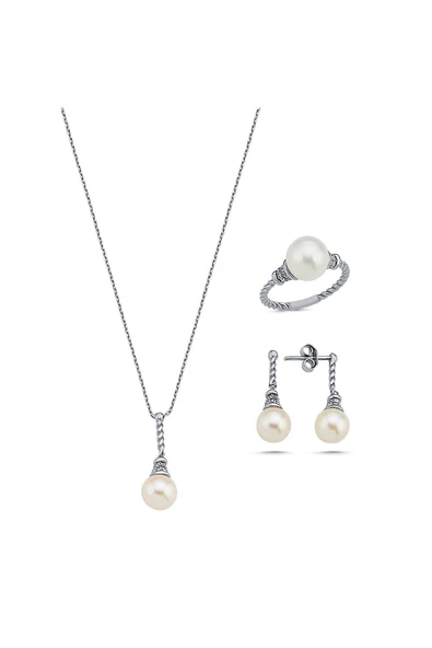 8,5 mm Burgulu Zirkon Taşlı Doğal İnci Küpe Kolye Yüzük Üçlü Set - 9