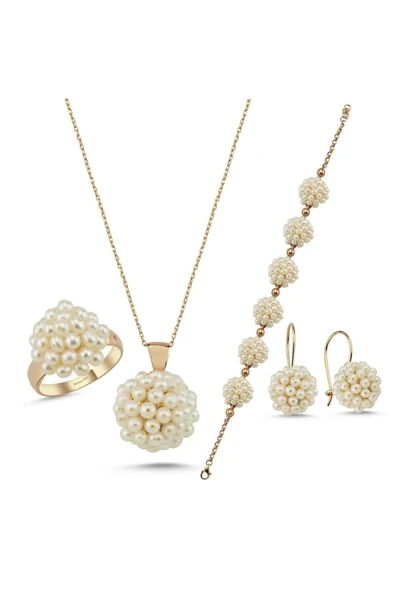 3,5 mm Prenses Model Doğal İnci Küpe Kolye Bileklik Yüzük Dörtlü Set - 6