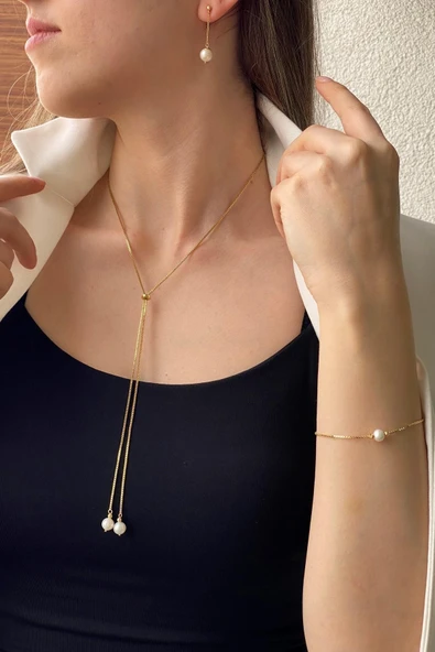 7,5 mm Asansörlü Doğal İnci Küpe Kolye Bileklik Üçlü Set