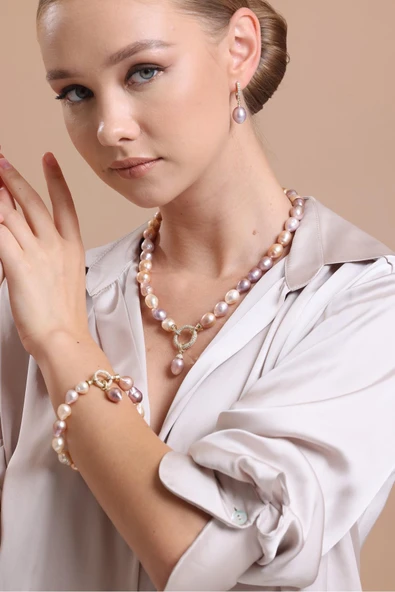 10,5 mm Halka Kilitli Multicolor Doğal Barok İnci Küpe Kolye Bileklik Üçlü Set