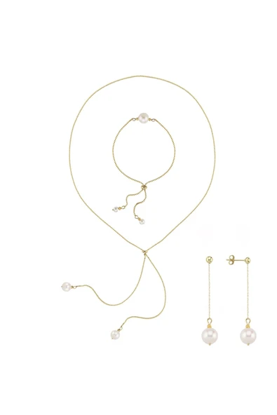 7,5 mm Asansörlü Doğal İnci Küpe Kolye Bileklik Üçlü Set - 3