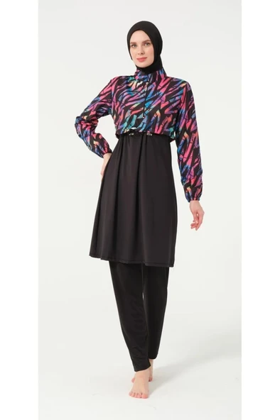 Tesmay 21109 Siyah Dijital Desenli Lycralı Tesettür Mayo - Resim 4