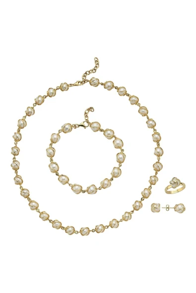 8,5 mm Kafes Doğal İncili Küpe Kolye Bileklik Yüzük Dörtlü Set - 5