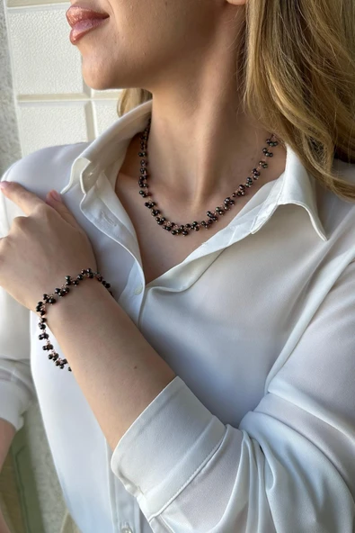 4,5 mm Sallantılı Doğal İnci Kolye Bileklik İkili Set - 3