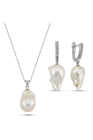 12,5 mm Barok Doğal İnci Küpe Kolye İkili Set - 7