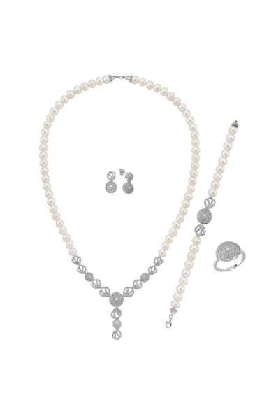 7,5 mm Zirkon Taşlı İnci Kolye Bilelik Küpe Yüzük Dörtlü Set - Resim 10
