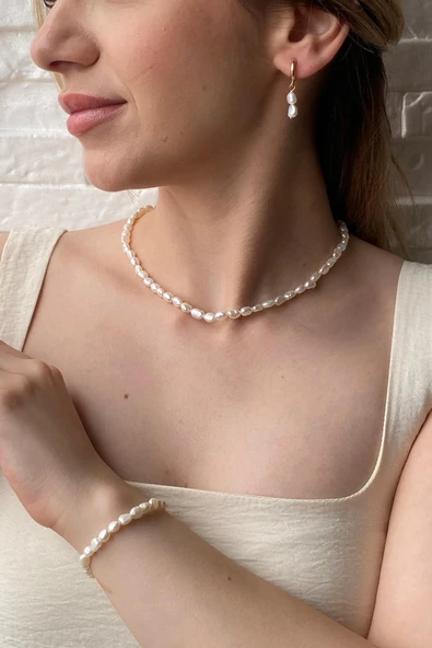 7,5 mm Yassı Barok İnci Kolye Bileklik Küpe Üçlü Set