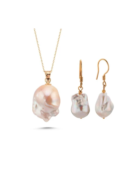 11 - 12,5 mm Barok Doğal İnci Küpe Kolye İkili Set - Resim 6