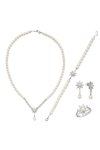 6,5 mm Papatya Modelli Doğal İnci Küpe Kolye Bileklik Yüzük Dörtlü Set - 10