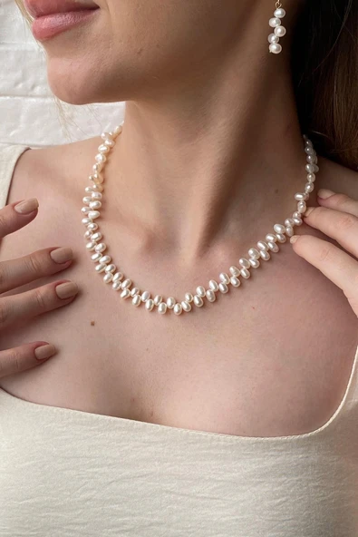 5,5 mm Barok Doğal İnci Kolye Bileklik Küpe Üçlü Set - 3