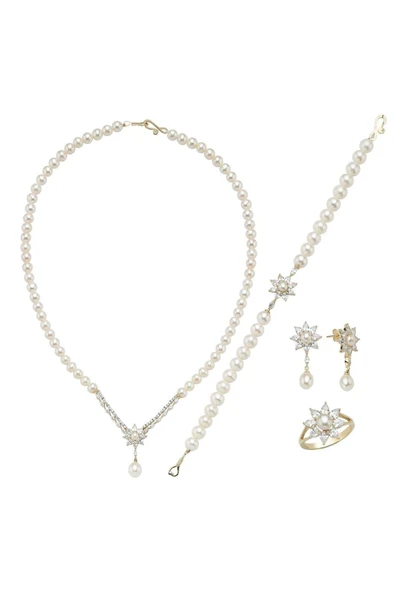 6,5 mm Papatya Modelli Doğal İnci Küpe Kolye Bileklik Yüzük Dörtlü Set - 5