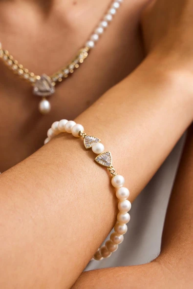6,5 mm Üçgen Model Baget Taşlı Doğal İnci Küpe Kolye Bileklik Yüzük Dörtlü Set - 3