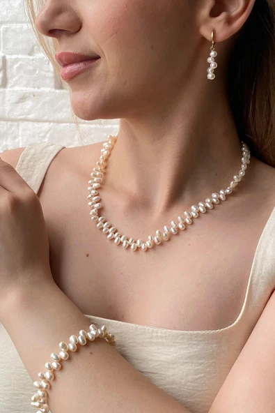 5,5 mm Barok Doğal İnci Kolye Bileklik Küpe Üçlü Set