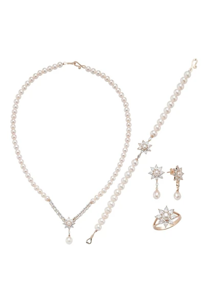 6,5 mm Papatya Modelli Doğal İnci Küpe Kolye Bileklik Yüzük Dörtlü Set - 6