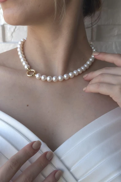 9,5 mm Denizci Kilit Doğal İnci Kolye Bileklik İkili Set - 2