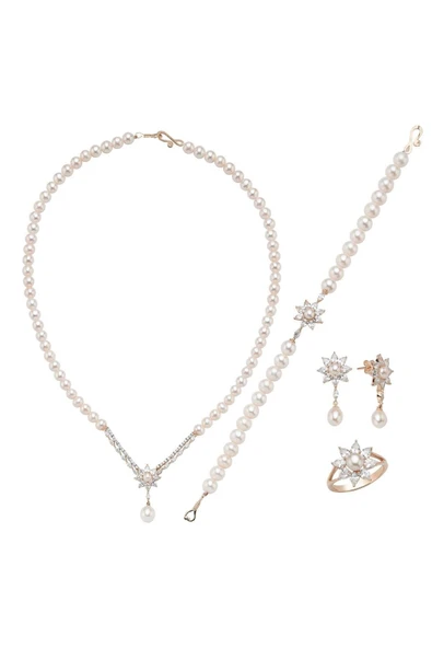 6,5 mm Papatya Modelli Doğal İnci Küpe Kolye Bileklik Yüzük Dörtlü Set - 9