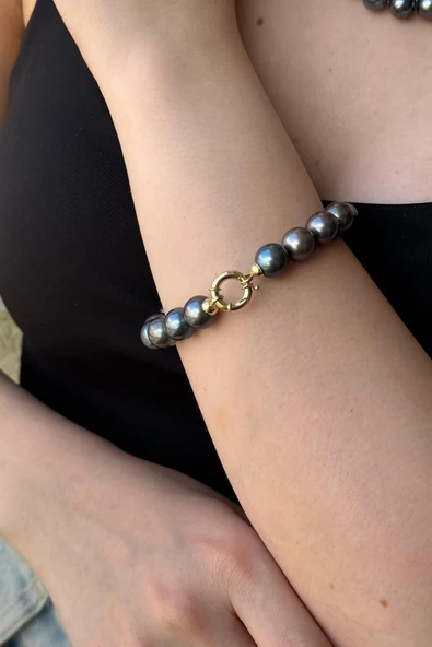 10,5 mm Siyah İnci Kolye Bileklik İkili Set
